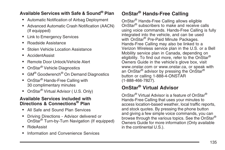 Onstar, Hands-free calling, Virtual advisor | Pontiac 2007 Torrent User Manual | Page 135 / 490