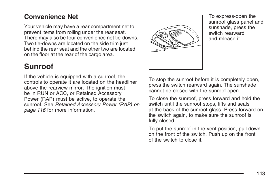 Convenience net, Sunroof | Pontiac 2007 Torrent User Manual | Page 143 / 490