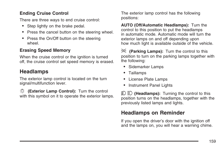 Headlamps, Headlamps on reminder, Headlamps headlamps on reminder | Pontiac 2007 Torrent User Manual | Page 159 / 490