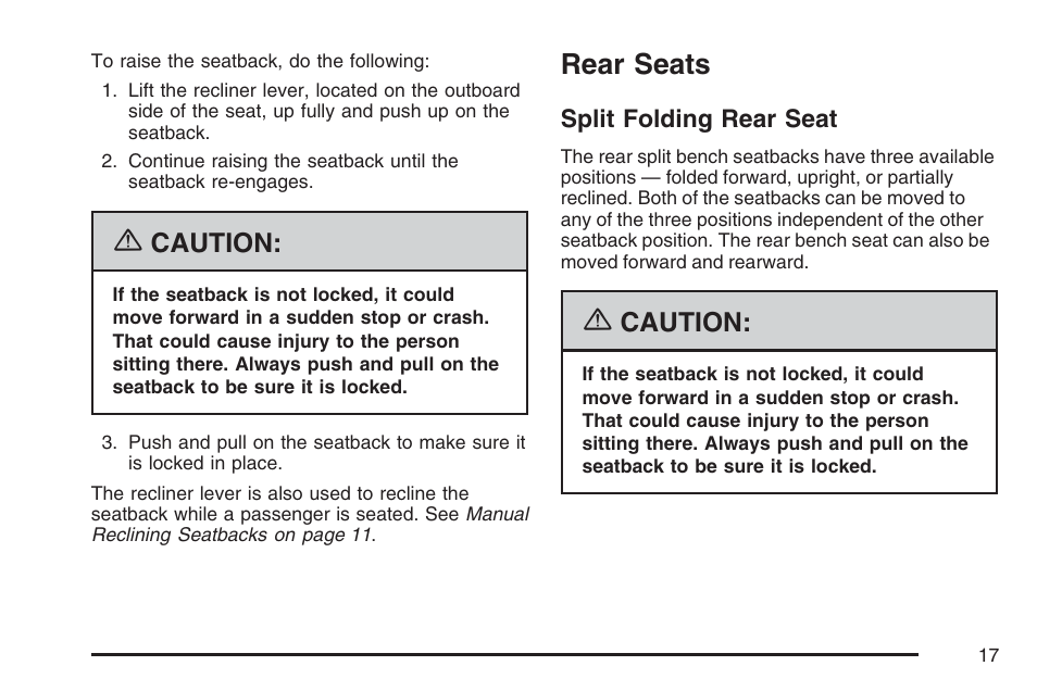 Rear seats, Split folding rear seat, Caution | Pontiac 2007 Torrent User Manual | Page 17 / 490