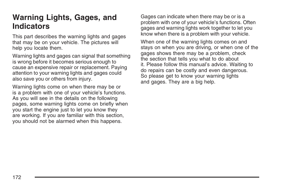 Warning lights, gages, and indicators, Warning lights, gages, And indicators | Pontiac 2007 Torrent User Manual | Page 172 / 490