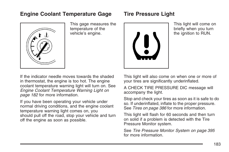 Engine coolant temperature gage, Tire pressure light | Pontiac 2007 Torrent User Manual | Page 183 / 490