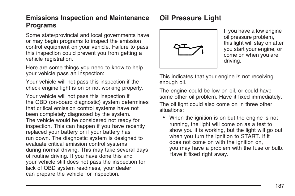 Oil pressure light | Pontiac 2007 Torrent User Manual | Page 187 / 490