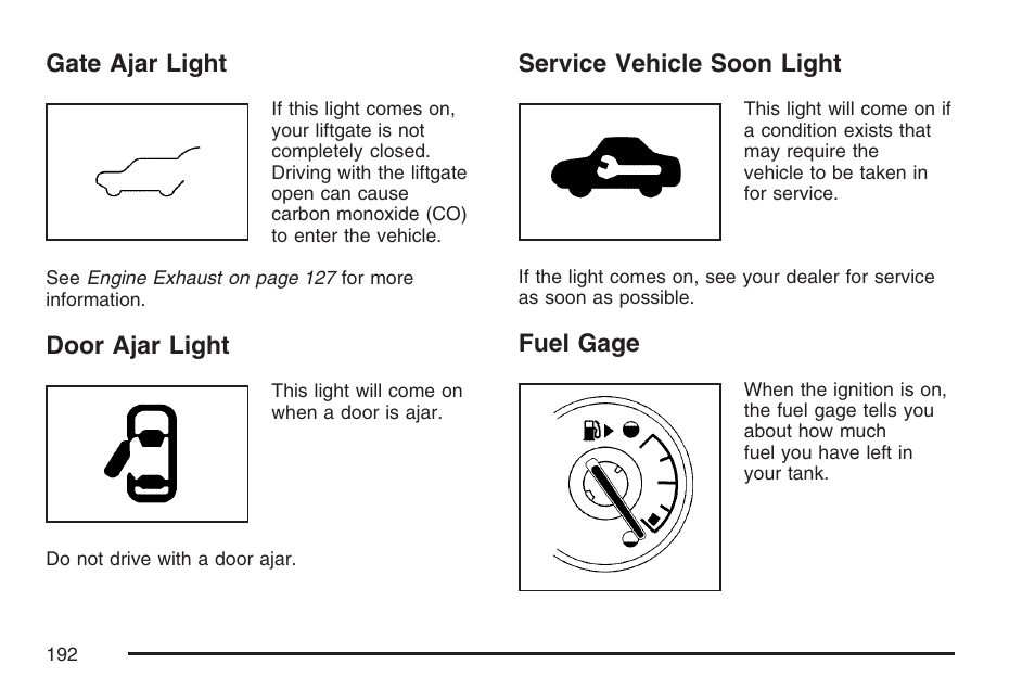 Gate ajar light, Door ajar light, Service vehicle soon light | Fuel gage | Pontiac 2007 Torrent User Manual | Page 192 / 490