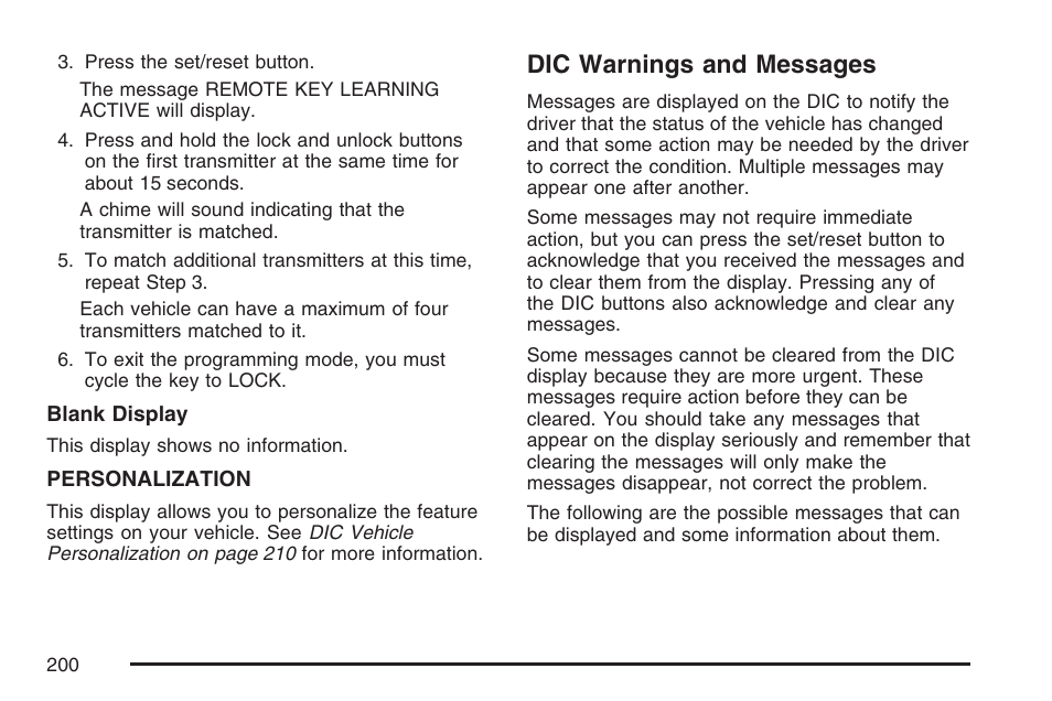 Dic warnings and messages | Pontiac 2007 Torrent User Manual | Page 200 / 490