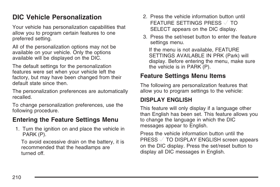 Dic vehicle personalization | Pontiac 2007 Torrent User Manual | Page 210 / 490