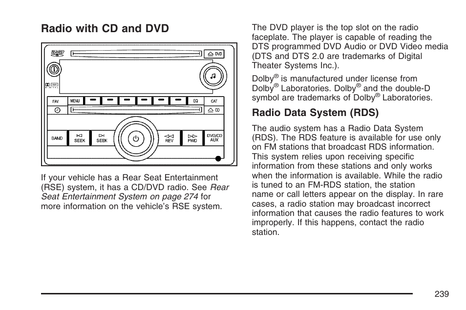 Radio with cd and dvd, Radio data system (rds) | Pontiac 2007 Torrent User Manual | Page 239 / 490