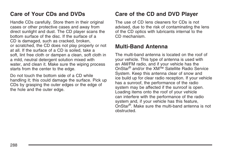 Care of your cds and dvds, Care of the cd and dvd player, Multi-band antenna | Pontiac 2007 Torrent User Manual | Page 288 / 490