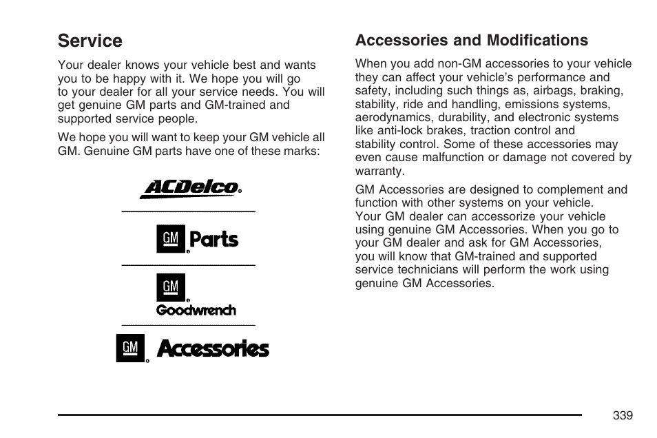 Service, Accessories and modifications | Pontiac 2007 Torrent User Manual | Page 339 / 490
