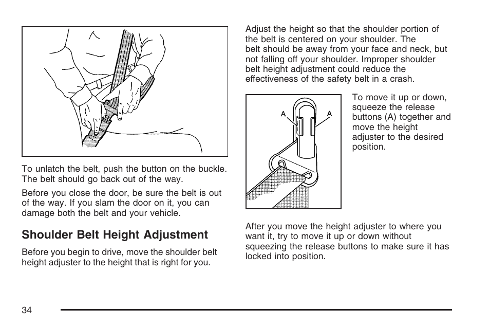 Shoulder belt height adjustment | Pontiac 2007 Torrent User Manual | Page 34 / 490