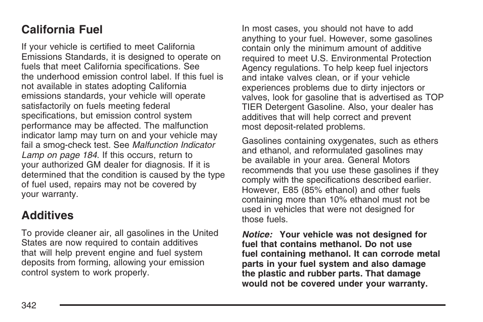 California fuel, Additives, California fuel additives | Pontiac 2007 Torrent User Manual | Page 342 / 490