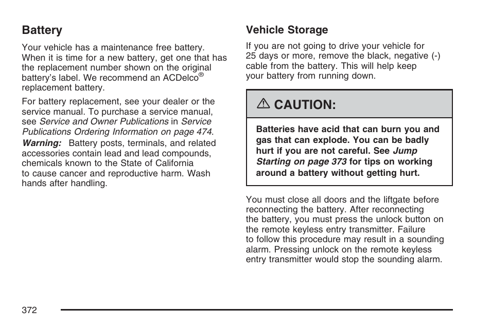 Battery, Caution | Pontiac 2007 Torrent User Manual | Page 372 / 490