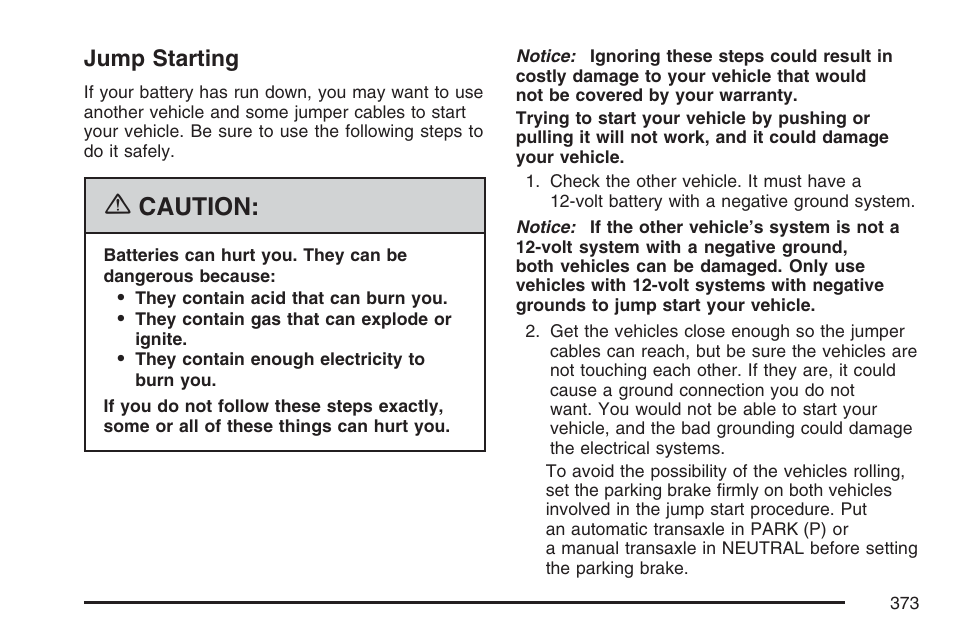 Jump starting, Jump, Starting | Caution | Pontiac 2007 Torrent User Manual | Page 373 / 490
