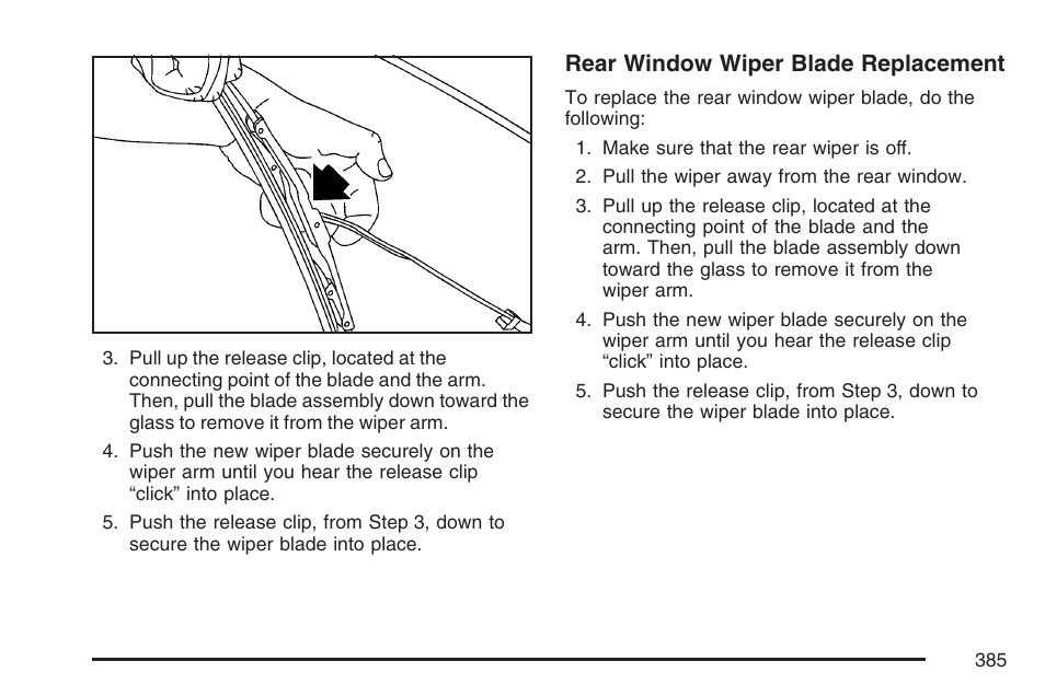 Rear window wiper blade replacement | Pontiac 2007 Torrent User Manual | Page 385 / 490