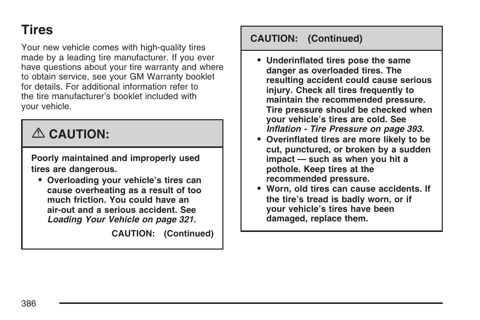 Tires, Caution | Pontiac 2007 Torrent User Manual | Page 386 / 490