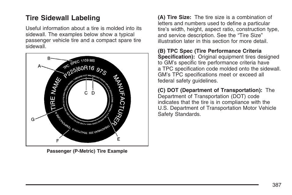 Tire sidewall labeling | Pontiac 2007 Torrent User Manual | Page 387 / 490