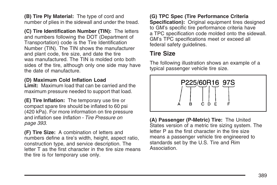 Tire size | Pontiac 2007 Torrent User Manual | Page 389 / 490