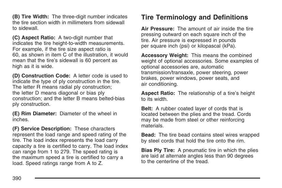 Tire terminology and definitions | Pontiac 2007 Torrent User Manual | Page 390 / 490