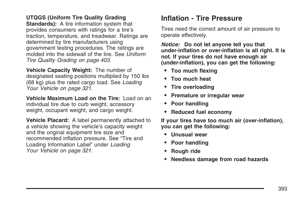 Inflation - tire pressure | Pontiac 2007 Torrent User Manual | Page 393 / 490