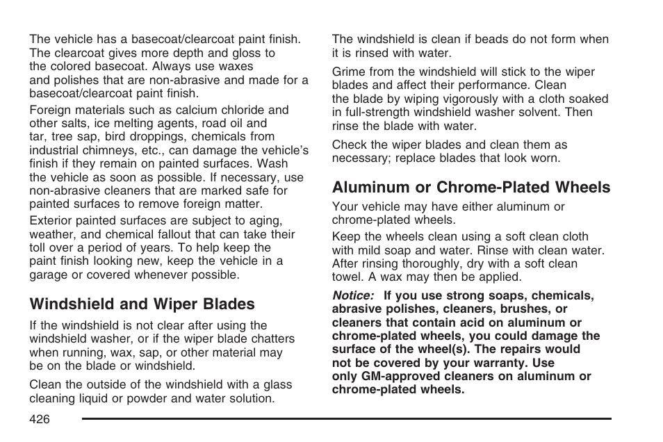 Windshield and wiper blades, Aluminum or chrome-plated wheels | Pontiac 2007 Torrent User Manual | Page 426 / 490