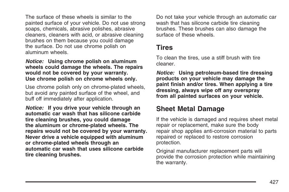Tires, Sheet metal damage, Tires sheet metal damage | Pontiac 2007 Torrent User Manual | Page 427 / 490