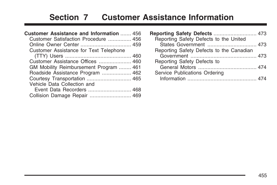 Customer assistance information | Pontiac 2007 Torrent User Manual | Page 455 / 490