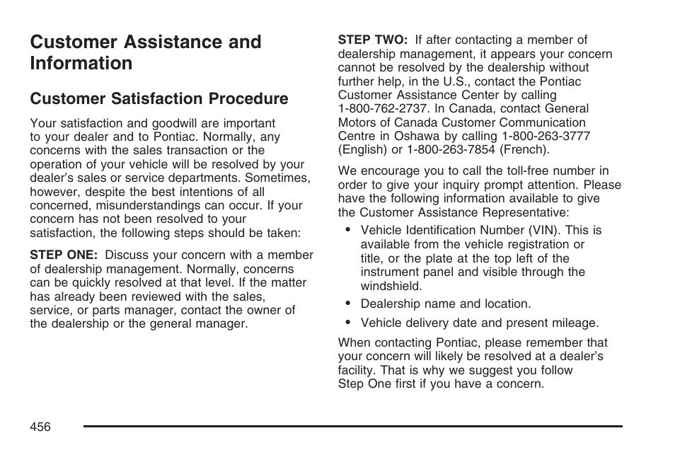 Customer assistance and information, Customer satisfaction procedure, Customer assistance and | Information | Pontiac 2007 Torrent User Manual | Page 456 / 490