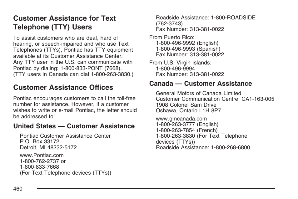 Customer assistance for text telephone (tty) users, Customer assistance offices, Customer assistance for text telephone | Tty) users | Pontiac 2007 Torrent User Manual | Page 460 / 490