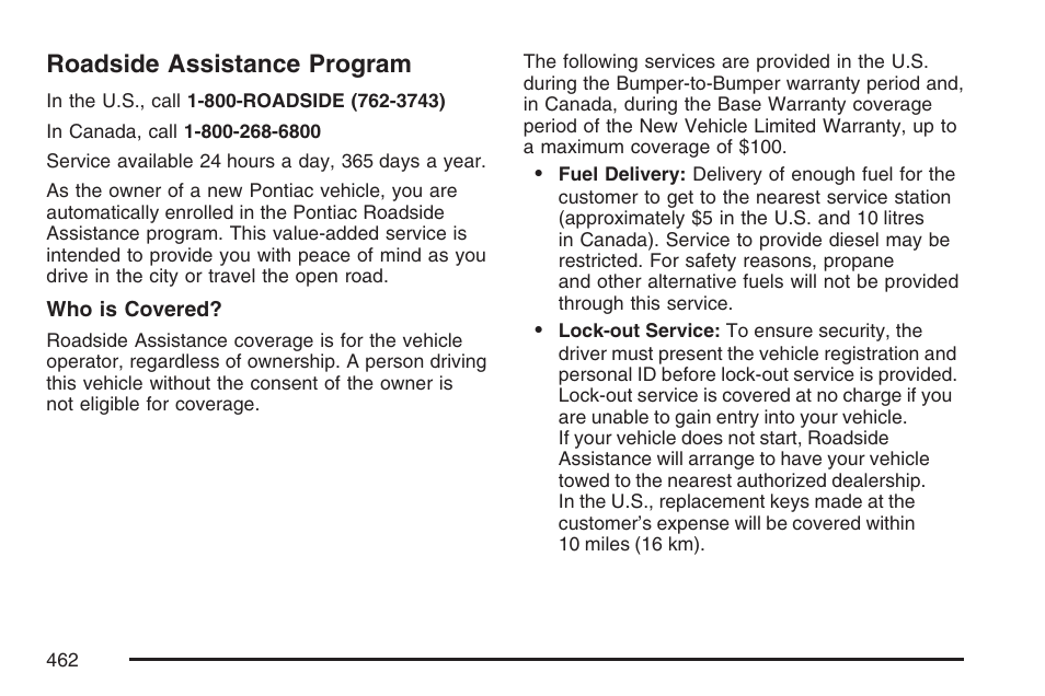 Roadside assistance program | Pontiac 2007 Torrent User Manual | Page 462 / 490