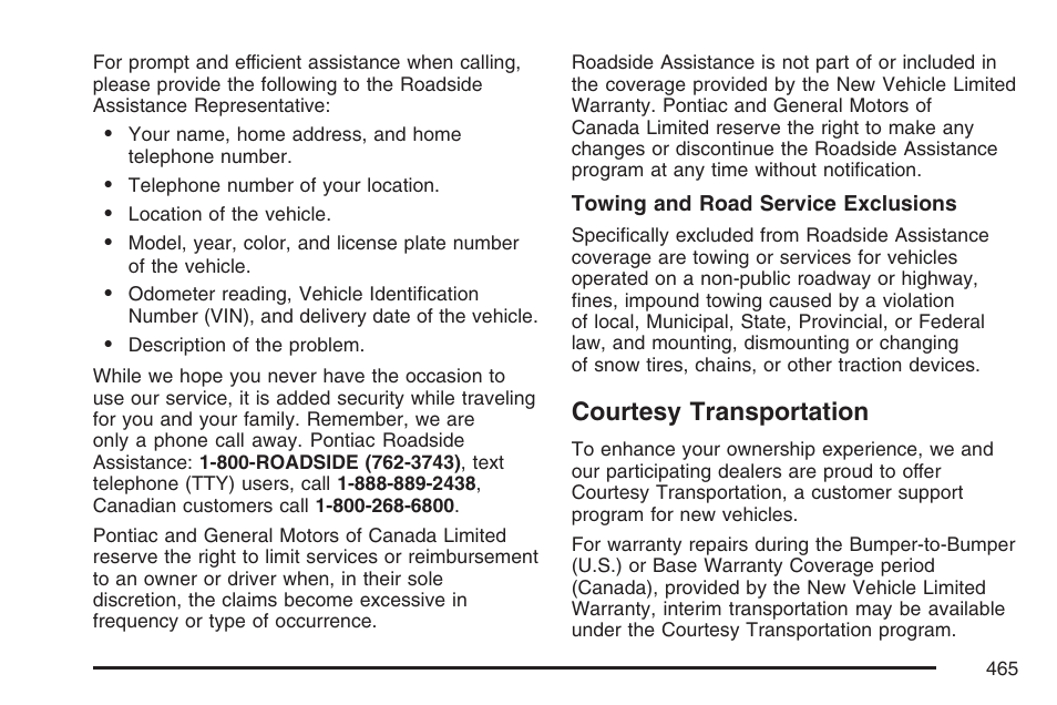 Courtesy transportation | Pontiac 2007 Torrent User Manual | Page 465 / 490