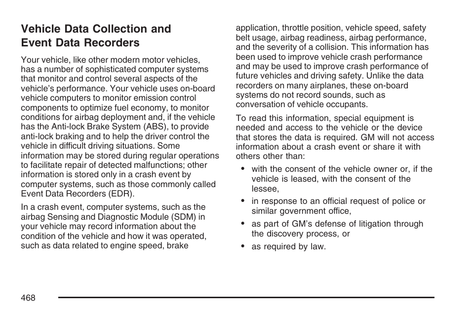 Vehicle data collection and event data recorders, Vehicle data collection and, Event data recorders | Pontiac 2007 Torrent User Manual | Page 468 / 490