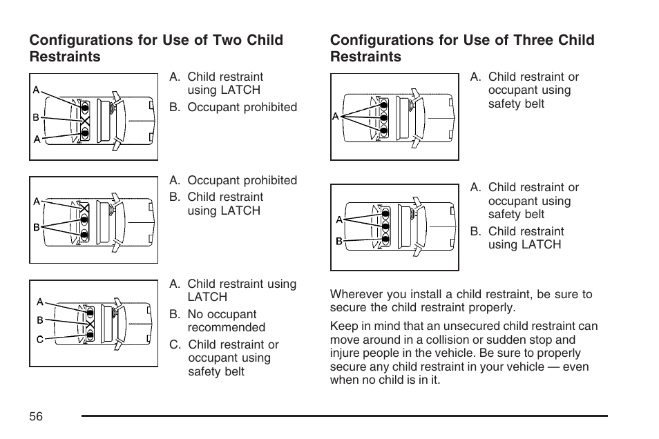 Configurations for use of two child restraints, Configurations for use of three child restraints | Pontiac 2007 Torrent User Manual | Page 56 / 490