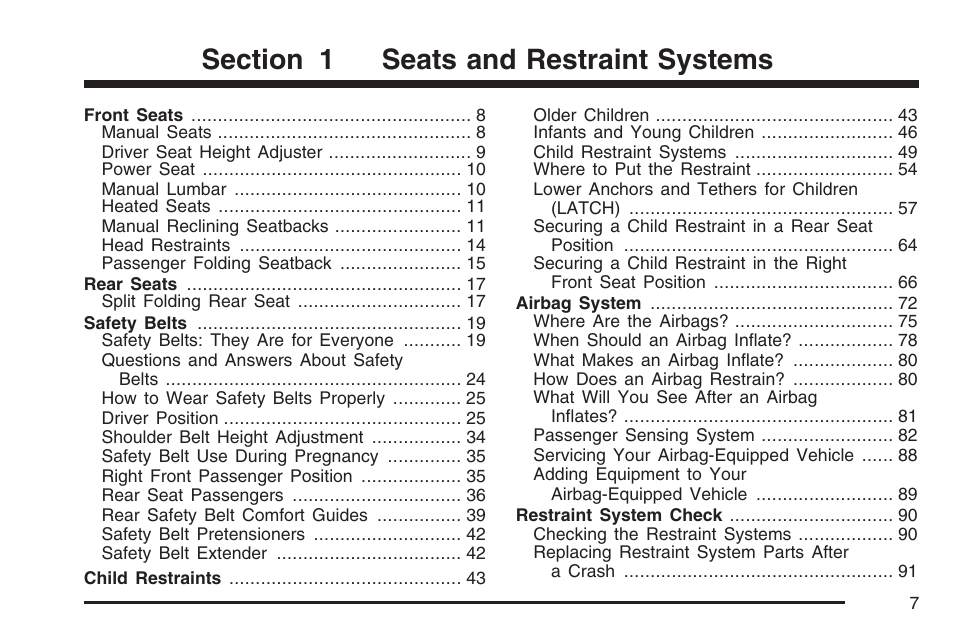 Seats and restraint systems | Pontiac 2007 Torrent User Manual | Page 7 / 490