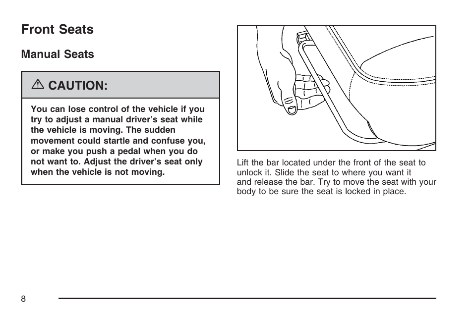 Front seats, Manual seats | Pontiac 2007 Torrent User Manual | Page 8 / 490