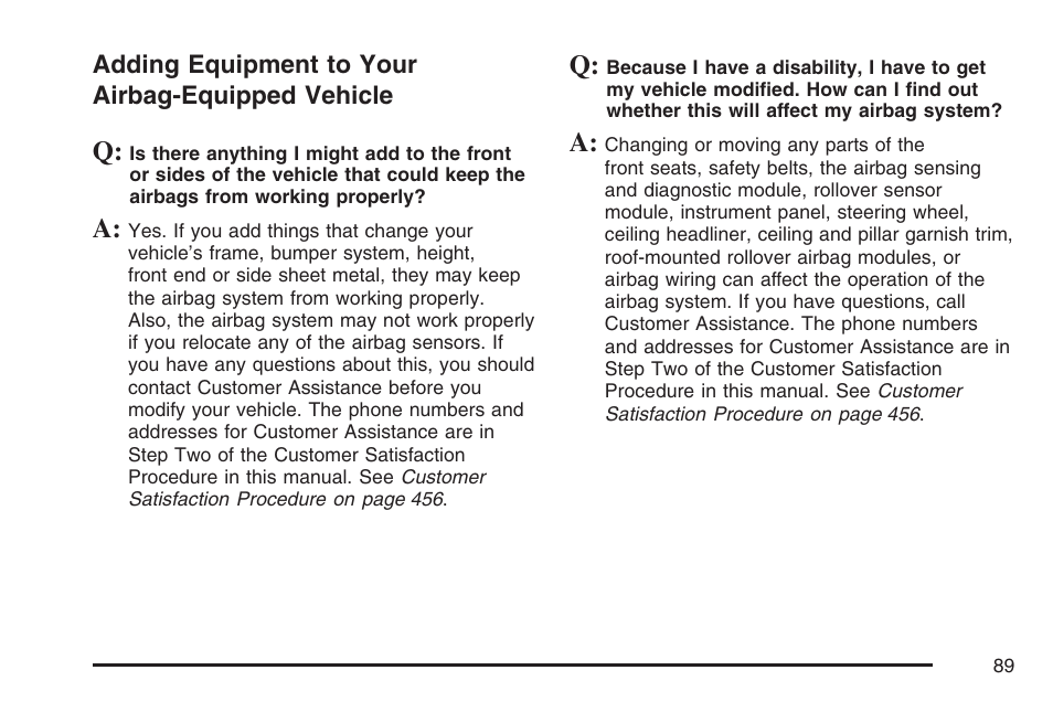 Adding equipment to your airbag-equipped vehicle, Adding equipment to your, Airbag-equipped vehicle | Pontiac 2007 Torrent User Manual | Page 89 / 490