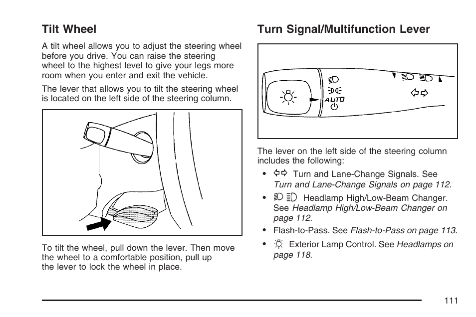 Tilt wheel, Turn signal/multifunction lever, Tilt wheel turn signal/multifunction lever | Turn, Signal/multifunction lever | Pontiac 2007 Solstice User Manual | Page 111 / 396