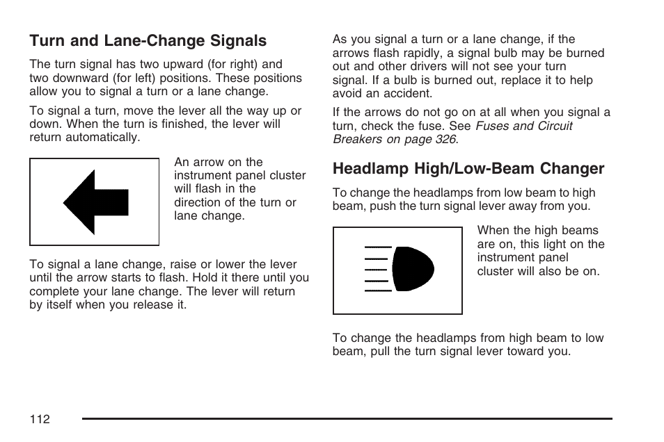 Turn and lane-change signals, Headlamp high/low-beam changer | Pontiac 2007 Solstice User Manual | Page 112 / 396