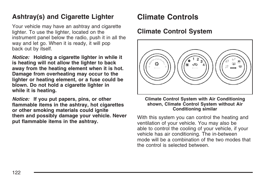 Ashtray(s) and cigarette lighter, Climate controls, Climate control system | Climate control, System | Pontiac 2007 Solstice User Manual | Page 122 / 396