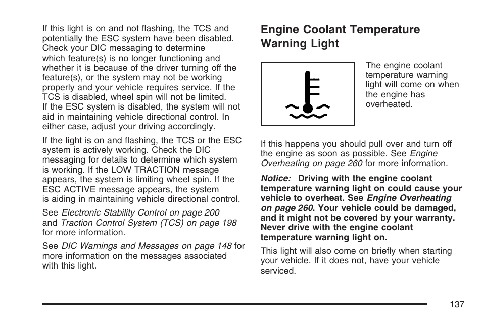 Engine coolant temperature warning light, Engine coolant temperature, Warning light | Pontiac 2007 Solstice User Manual | Page 137 / 396