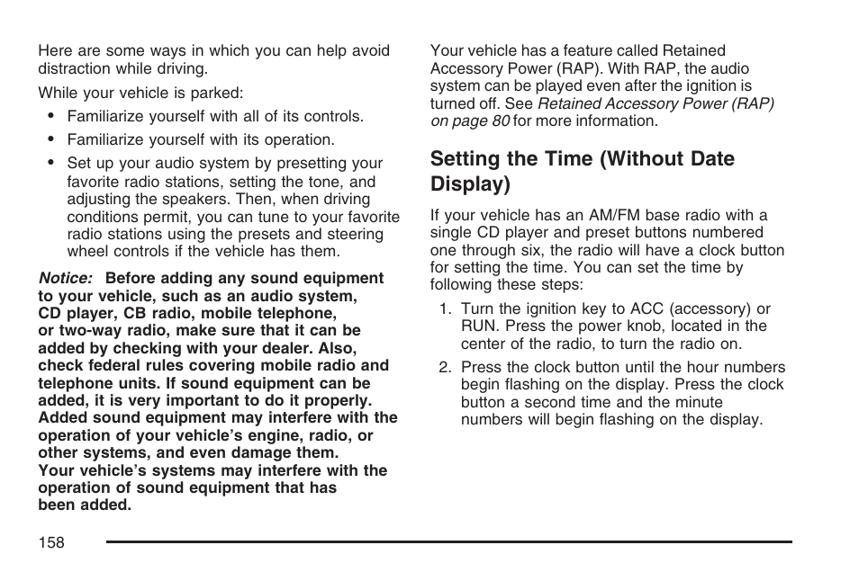 Setting the time (without date display) | Pontiac 2007 Solstice User Manual | Page 158 / 396