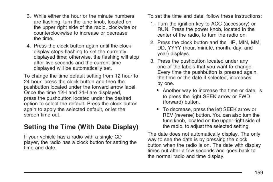Setting the time (with date display) | Pontiac 2007 Solstice User Manual | Page 159 / 396