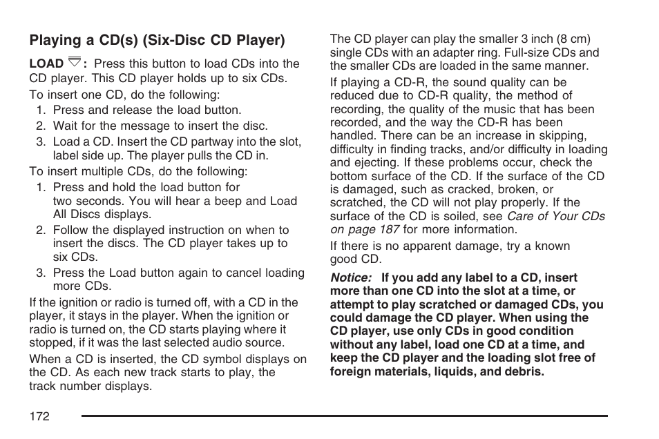 Playing a cd(s) (six-disc cd player) | Pontiac 2007 Solstice User Manual | Page 172 / 396