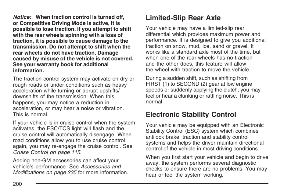 Limited-slip rear axle, Electronic stability control | Pontiac 2007 Solstice User Manual | Page 200 / 396