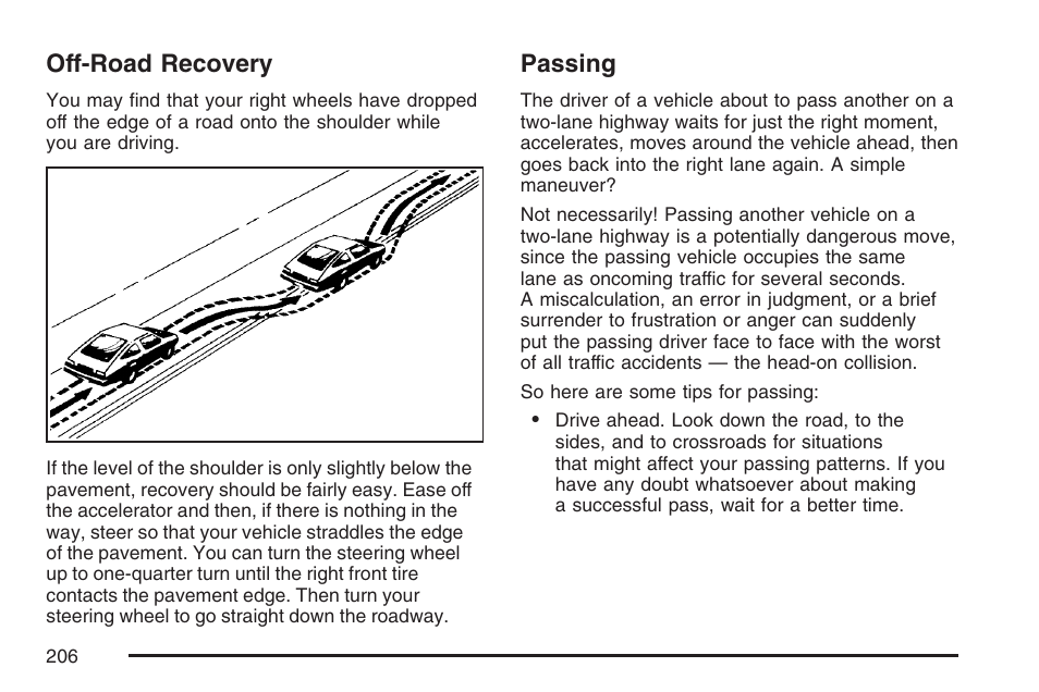 Off-road recovery, Passing, Off-road recovery passing | Pontiac 2007 Solstice User Manual | Page 206 / 396