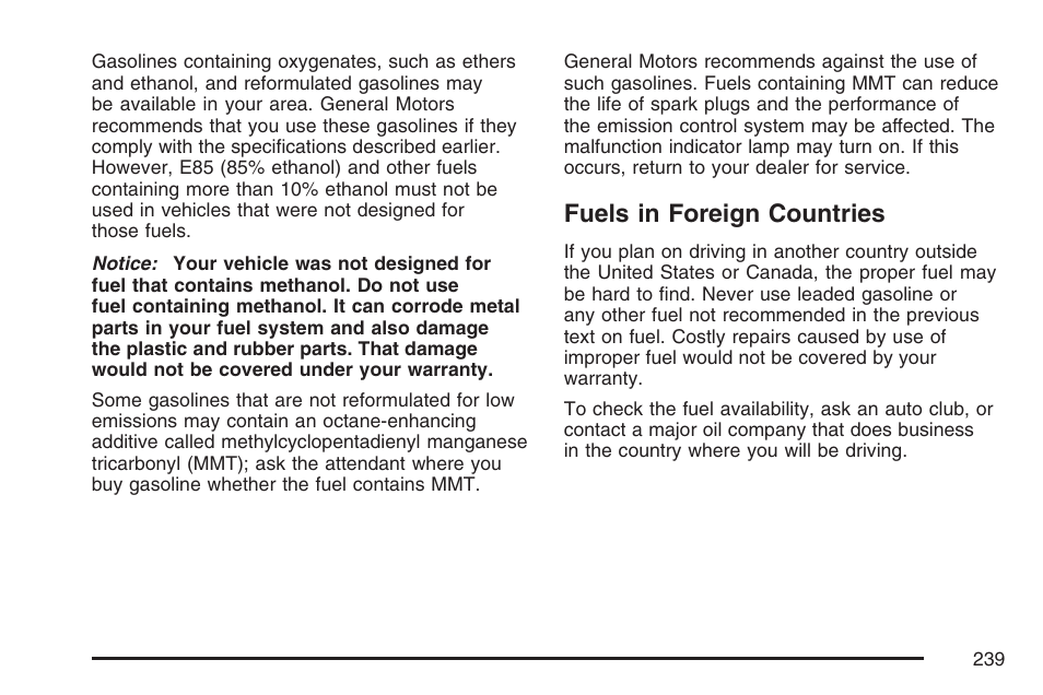 Fuels in foreign countries | Pontiac 2007 Solstice User Manual | Page 239 / 396