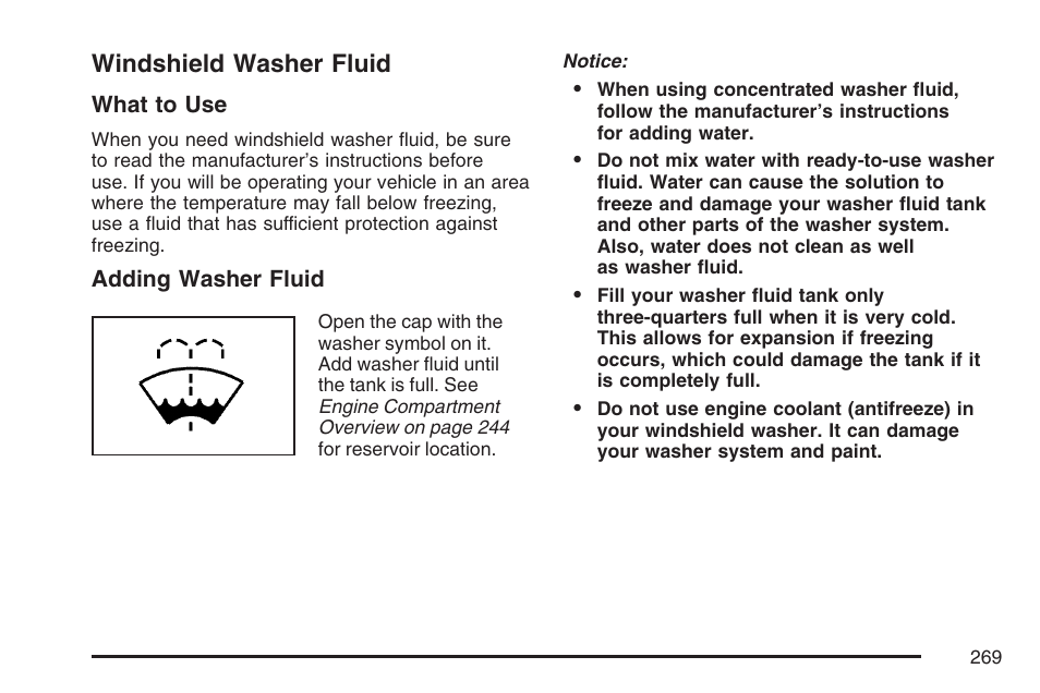 Windshield washer fluid | Pontiac 2007 Solstice User Manual | Page 269 / 396