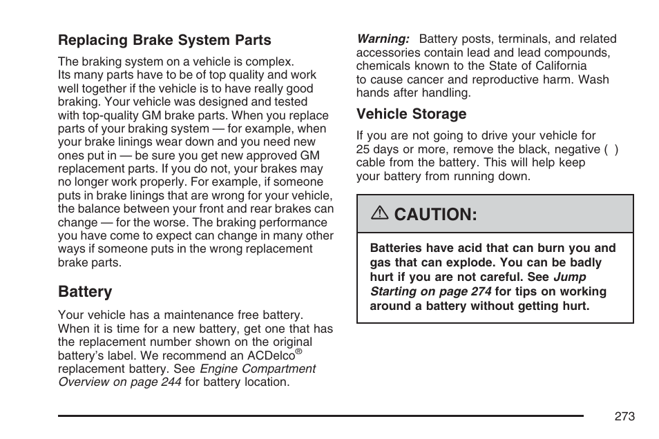 Battery, Caution | Pontiac 2007 Solstice User Manual | Page 273 / 396