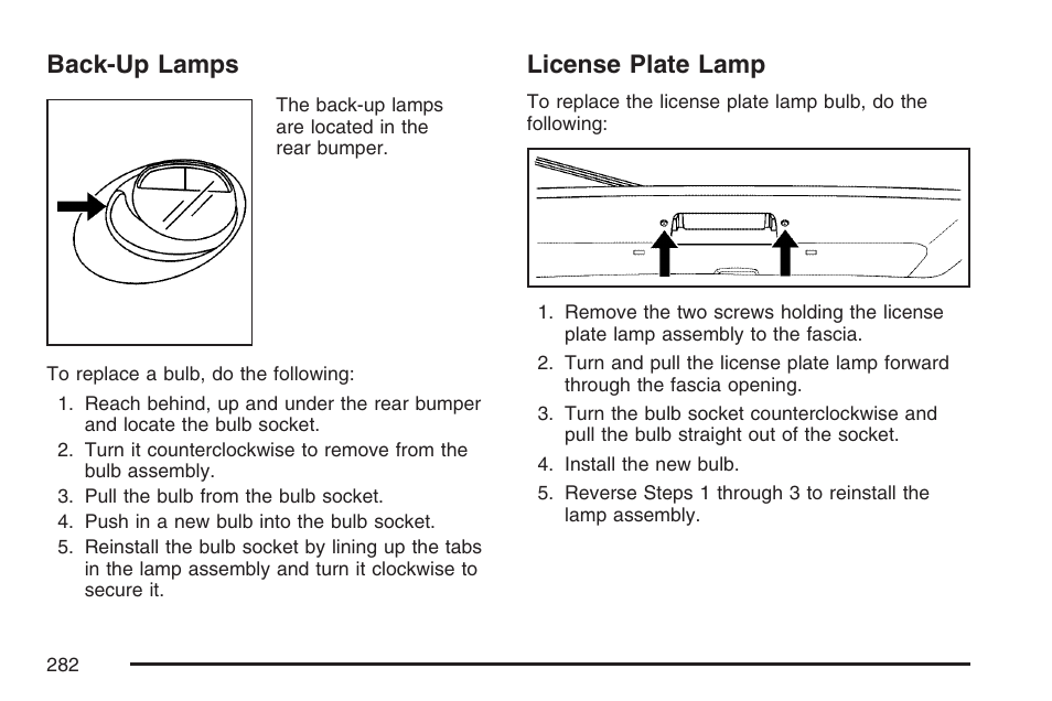 Back-up lamps, License plate lamp, Back-up lamps license plate lamp | Pontiac 2007 Solstice User Manual | Page 282 / 396