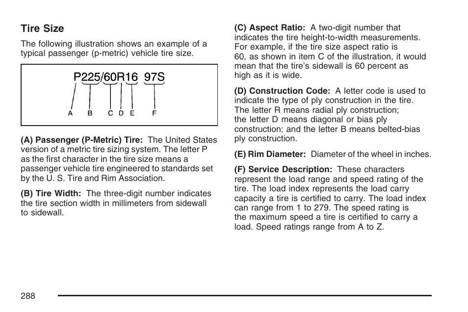 Tire size | Pontiac 2007 Solstice User Manual | Page 288 / 396