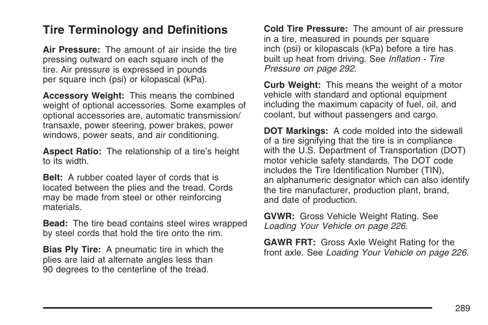 Tire terminology and definitions | Pontiac 2007 Solstice User Manual | Page 289 / 396